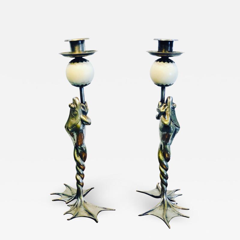 Anthony Redmile Rare Pair of Anthony Redmile Silver Plated Frog Candlesticks