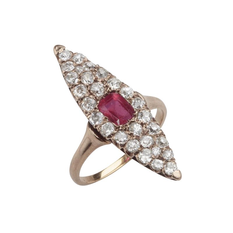 Antique 14K Yellow Gold Ruby Old Mine Cut Diamond Navette Ring