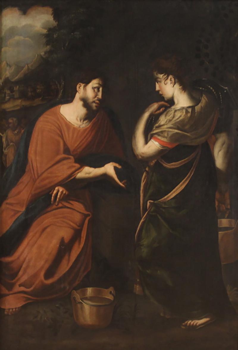 Antique 17th century Italian painting Christ and the Samaritan woman