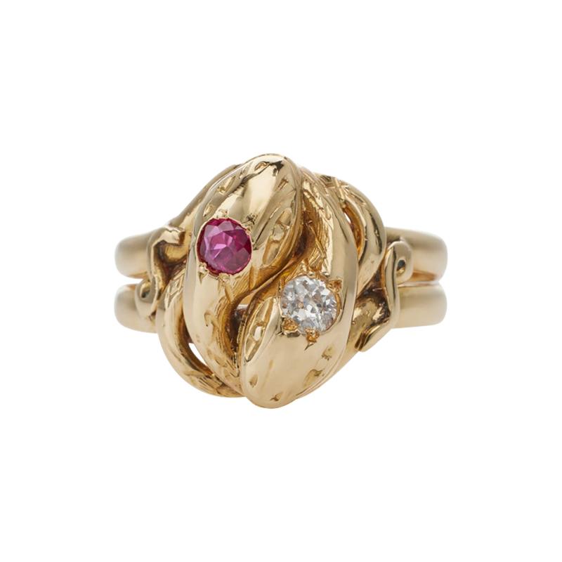 Antique 18K Gold Ruby and Diamond Double Snake Ring