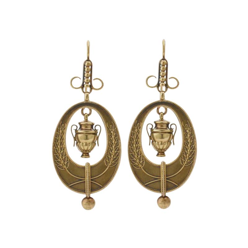 Antique 18K Gold Urn and Wreath Pendant Earrings