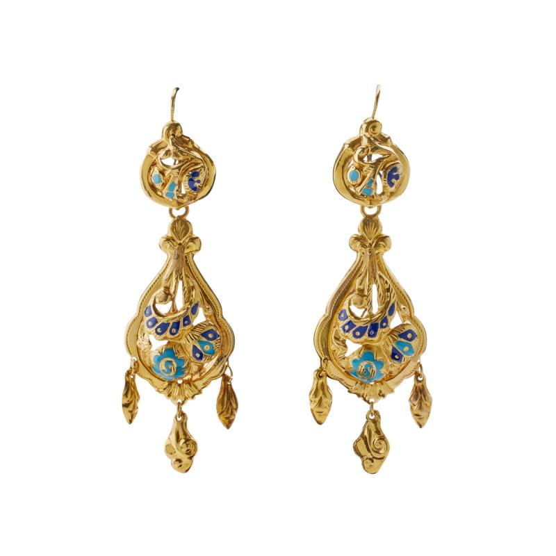 Antique 18K Gold and Enamel Pendant Earrings