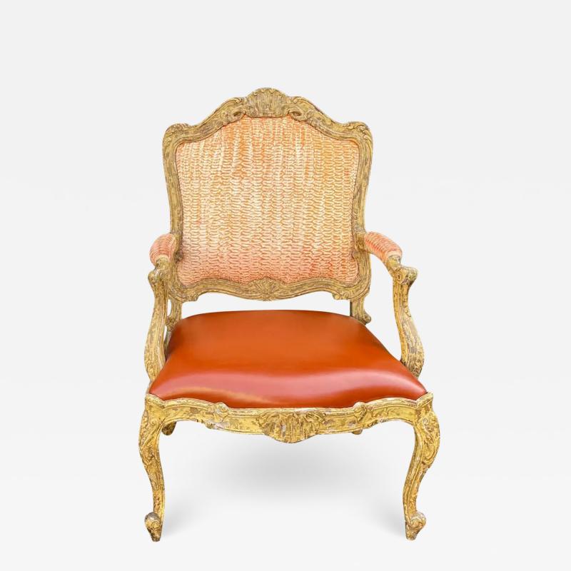 Antique 18th Century Style Venetian Orange Leather Arm Chair