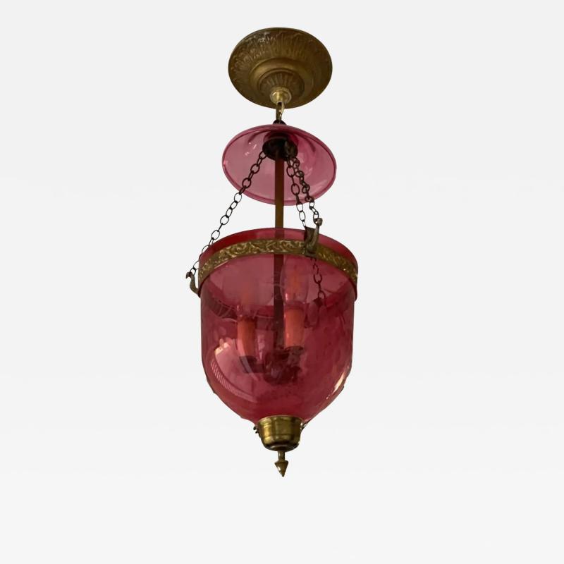 Antique 19c Cranberry Glass Bell Jar Pendant Lantern Chandelier