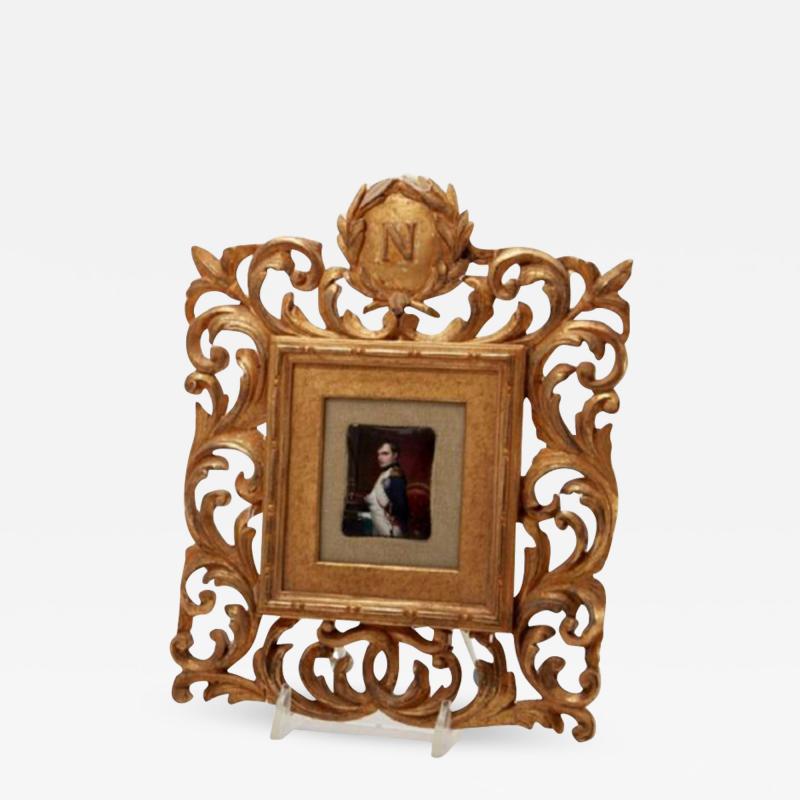 Antique 19c Napoleon Enamel Portrait Miniature in Giltwood Frame