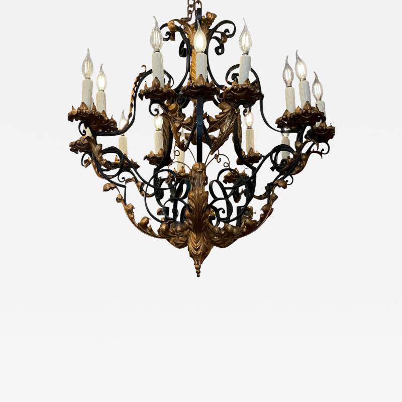 Antique 19c Spanish Colonial Style Gold Black Wrought Iron Chandelier