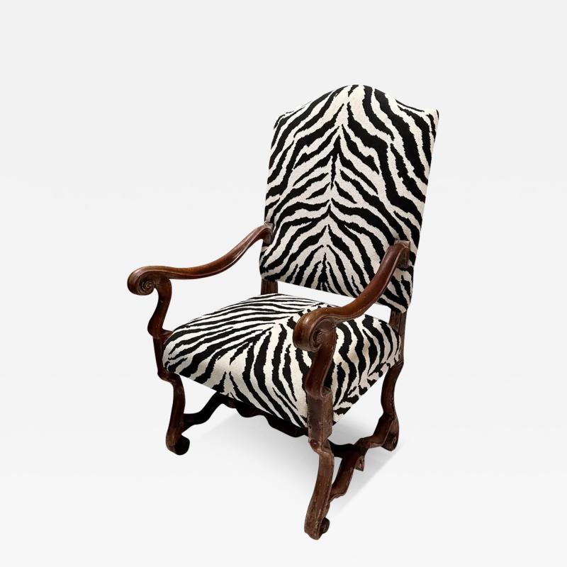 Antique 19th C Carved Walnut Os De Mouton Throne Chair W Zebra Velvet