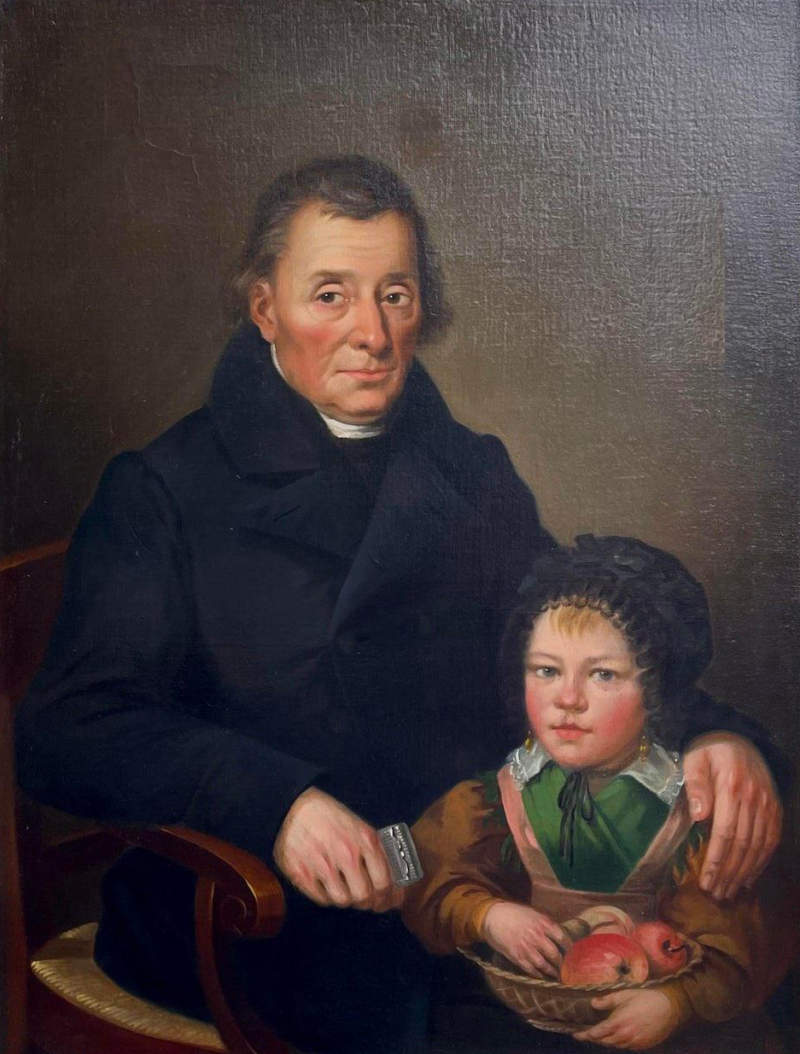 Antique 19th C Library Portrait Oil Painting Father Daughter