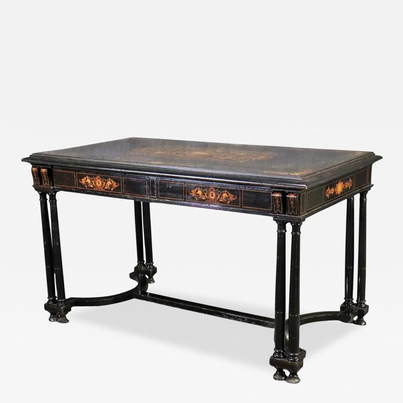 Antique 19th C Satinwood Inlaid Ebony Writing Table Desk