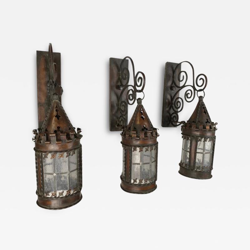Antique 19th Century Gothic Spanish Revival Hand Forged Wall Sconces Set of 3