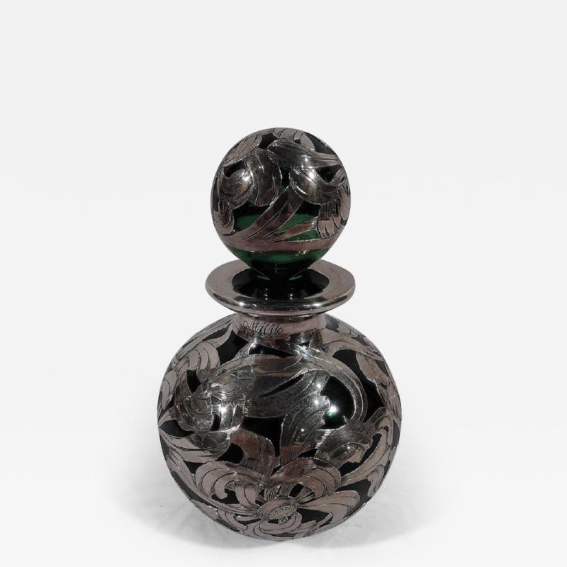 Antique American Art Nouveau Green Glass Silver Overlay Perfume