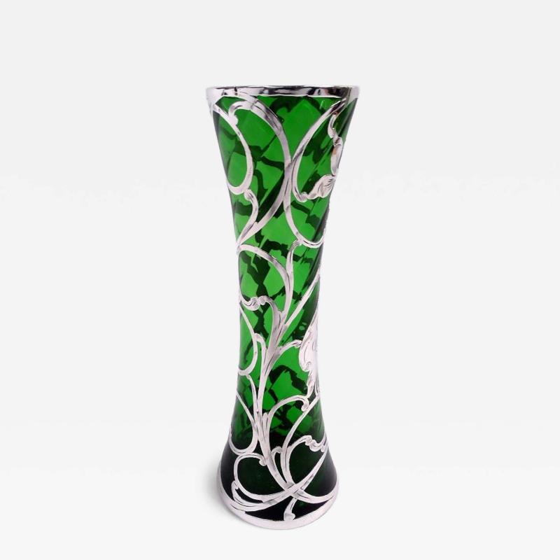 Antique American Art Nouveau Green Silver Overlay Vase