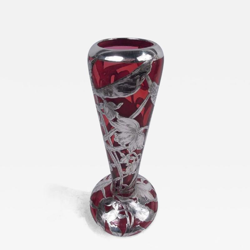 Antique American Art Nouveau Red Silver Overlay Vase