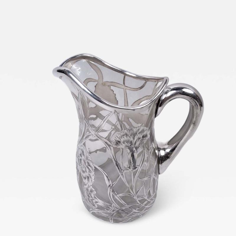 Antique American Art Nouveau Silver Overlay Water Pitcher