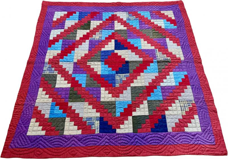 Antique American Lancester County Log Cabin Barn Raising Quilt with Boro Backing