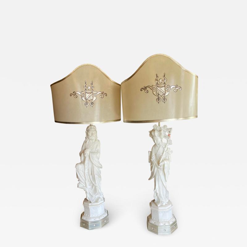 Antique Art Deco Alabaster Chinese Sculptures Now Designer Table Lamps a Pair