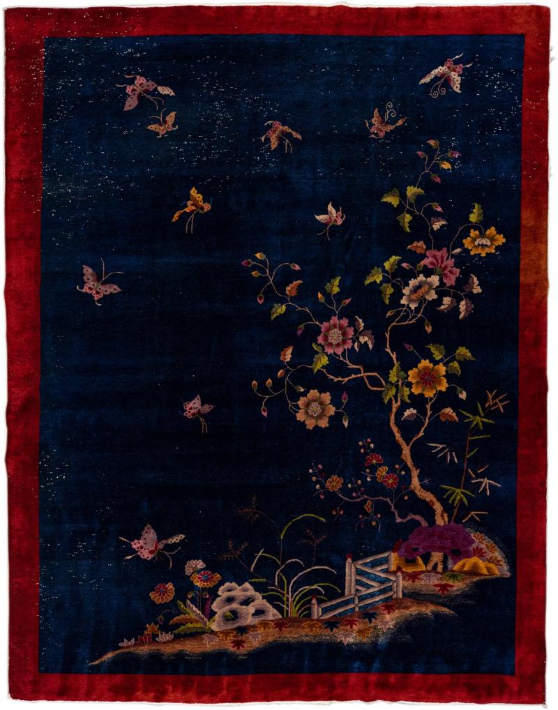 Antique Art Deco Chinese Handmade Floral Blue Wool Rug