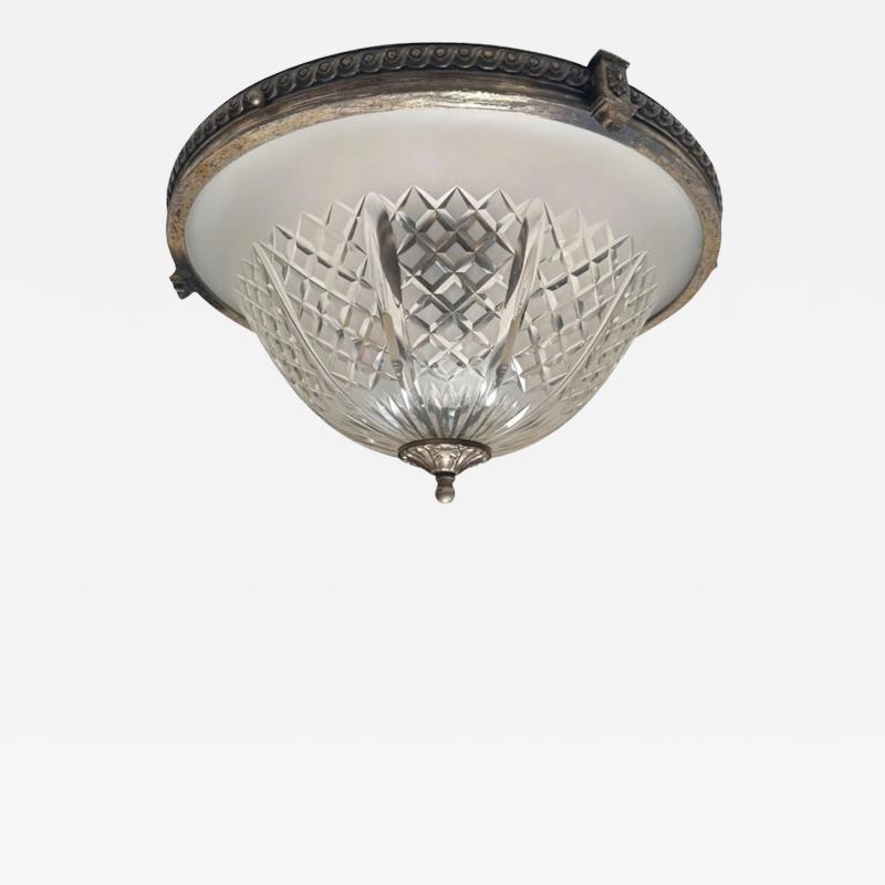 Antique Art Deco Cut Crystal Flush Mount Ceiling Light Fixture