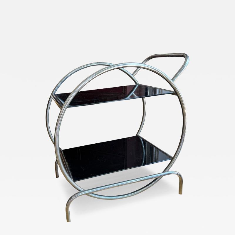 Antique Art Deco Streamline Chrome Hoop Black Glass Side Table