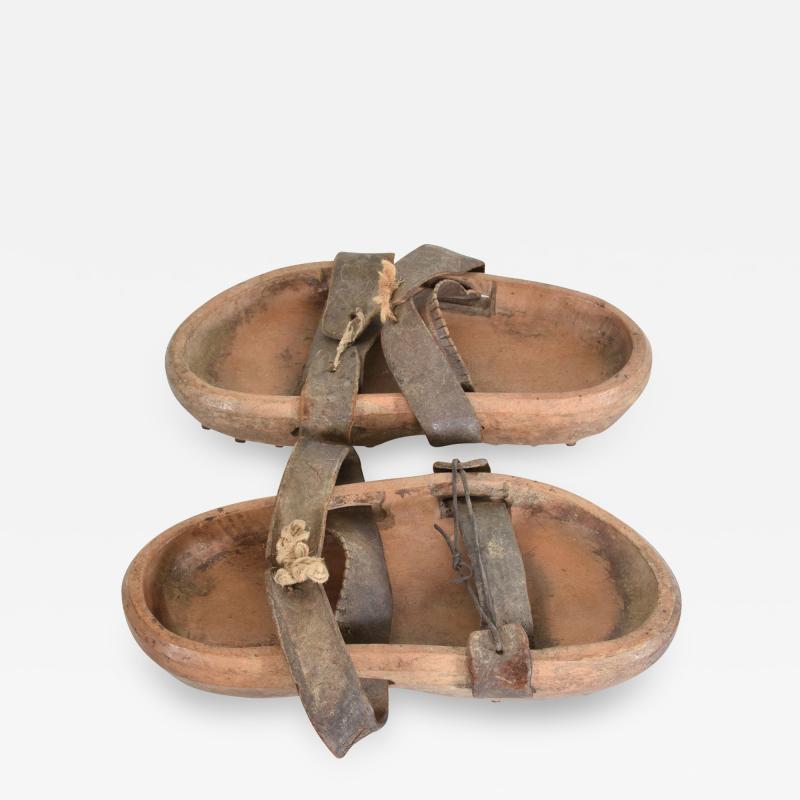 Antique Asian Primitive Wood Clog Shoes Open Toe Sandals Leather Strap Cleats