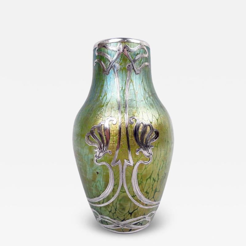 Antique Austrian Art Nouveau Silver Overlay Iridescent Vase