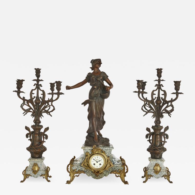 Antique Belle poque Sculptural Three Piece Clock Set after Auguste Moreau