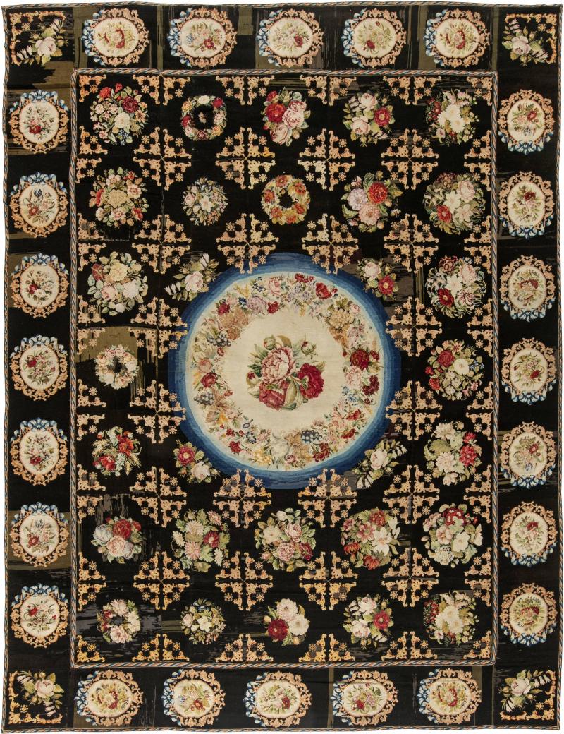 Antique Black Background Botanic Needlework Rug