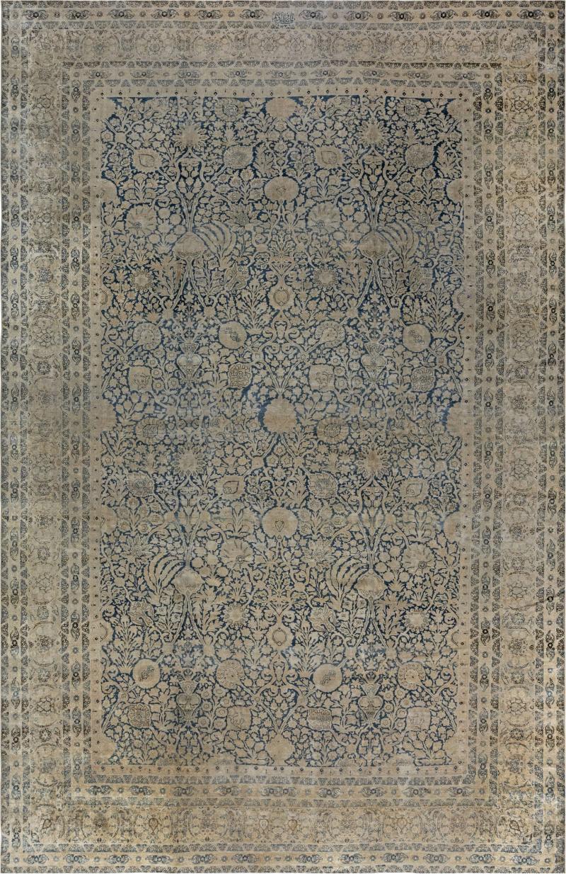 Antique Blue and Beige Persian Kirman Handwoven Wool Rug