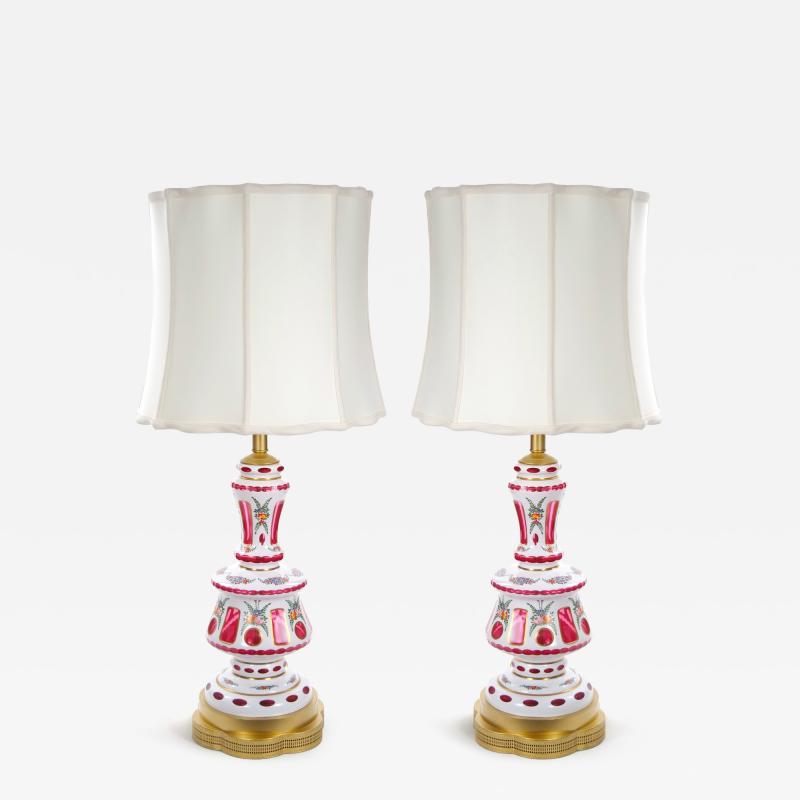 Antique Bohemian Cranberry Crystal Painted and Gilt Gold Decorated Table Lamp