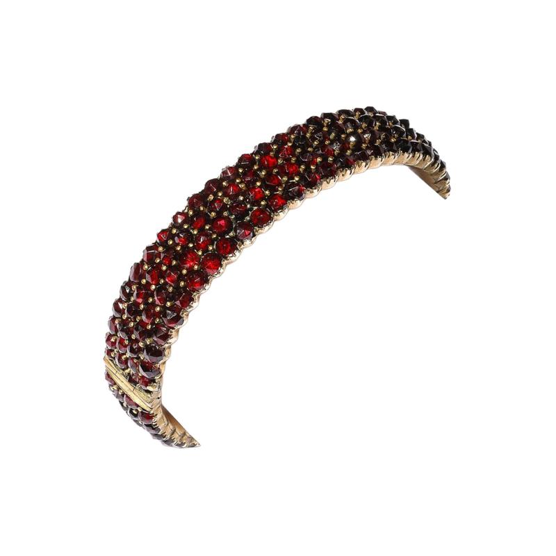 Antique Bohemian Hinged Cuff Encrusted with Garnets in Garnet Gold Setting