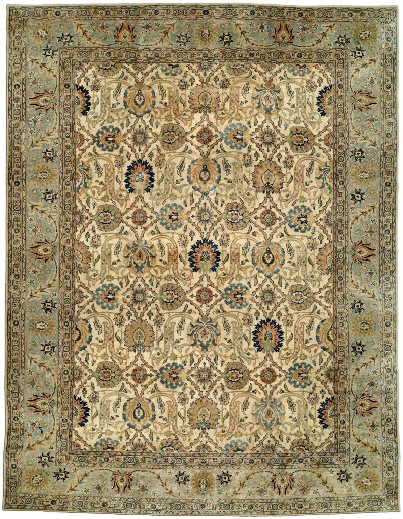 Antique Botanic Cream Blue Persian Tabriz Hand Knotted Wool Rug