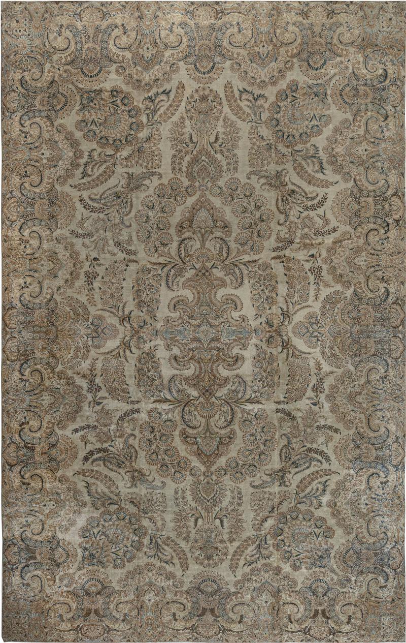 Antique Botanic Persian Kirman Beige Brown Blue Handmade Wool Rug