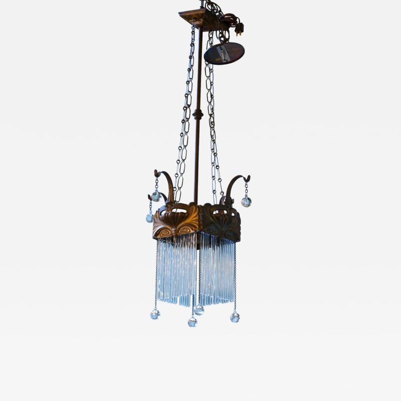 Antique Brass and Glass Art Nouveau Chandelier from France