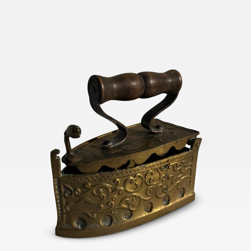 Antique Brass with Wood Handle Coal Flat Iron