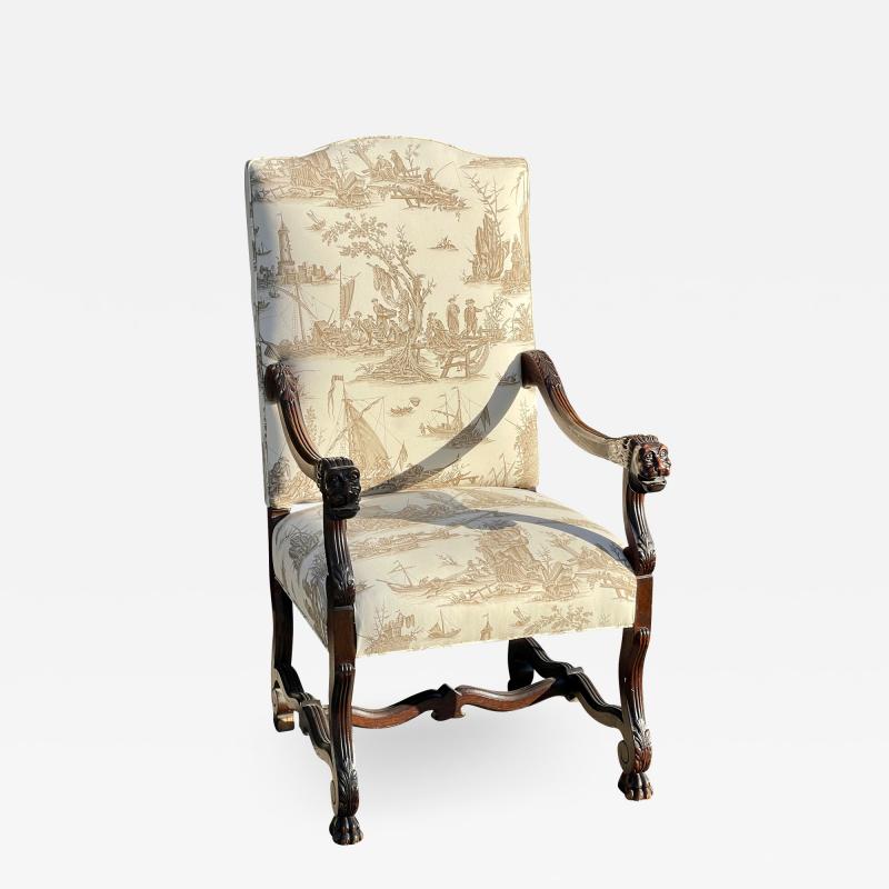 Antique Carved Italian Walnut Throne Chair W Scalamandre Toile Seat