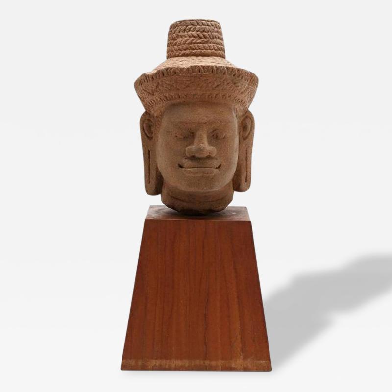 Antique Carved Khmer Stone Head on Wood Stand