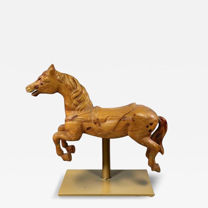Antique Carved Raw Wood Carousel Horse Mounted on Metal Stand