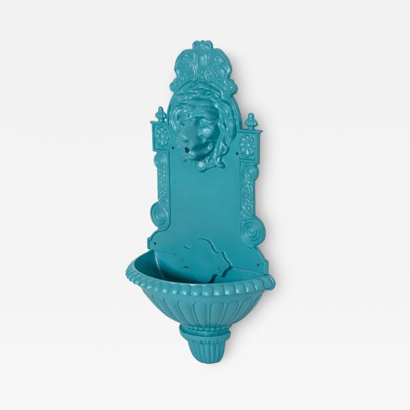 Antique Cast Iron Wall Mounted Teal Painted Garden Fountain with Lion Mask