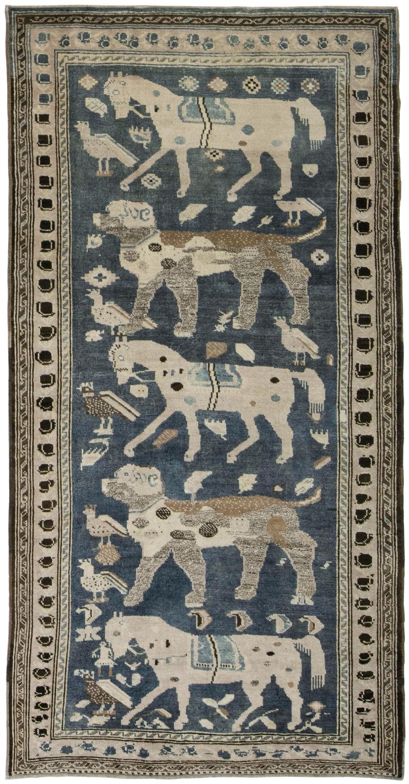 Antique Caucasian Karabagh Tribal Rug in a Grey and Blue Background
