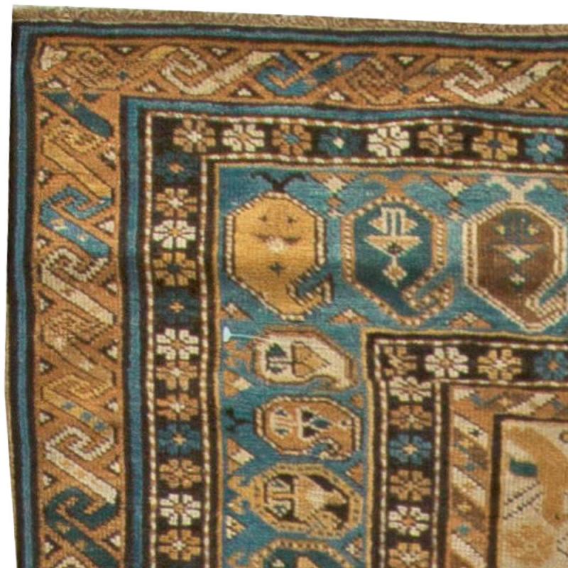 Antique Caucasian Shirvan Midnight Blue and Beige Hand Knotted Wool Rug