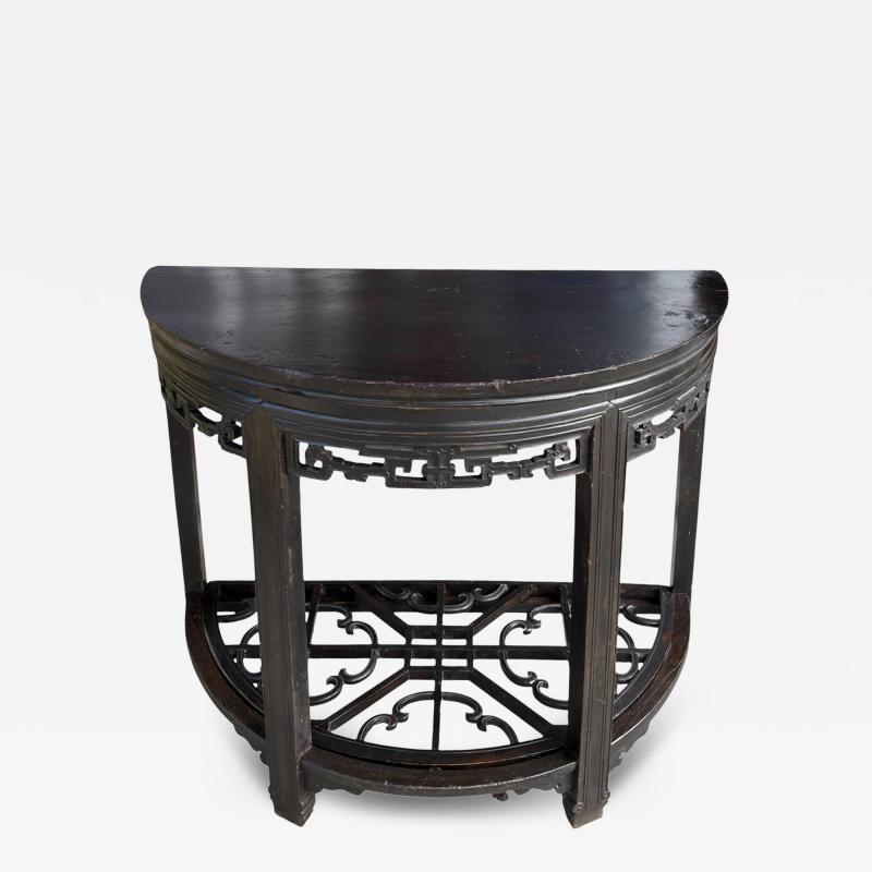 Antique Chinese Black Ebony Demilune Console Table
