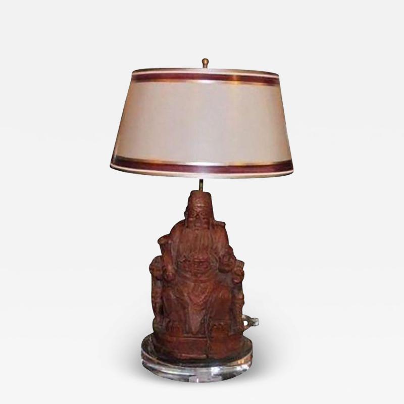 Antique Chinese Carved Wood Buddha Sculpture Lamp W Custom Shade