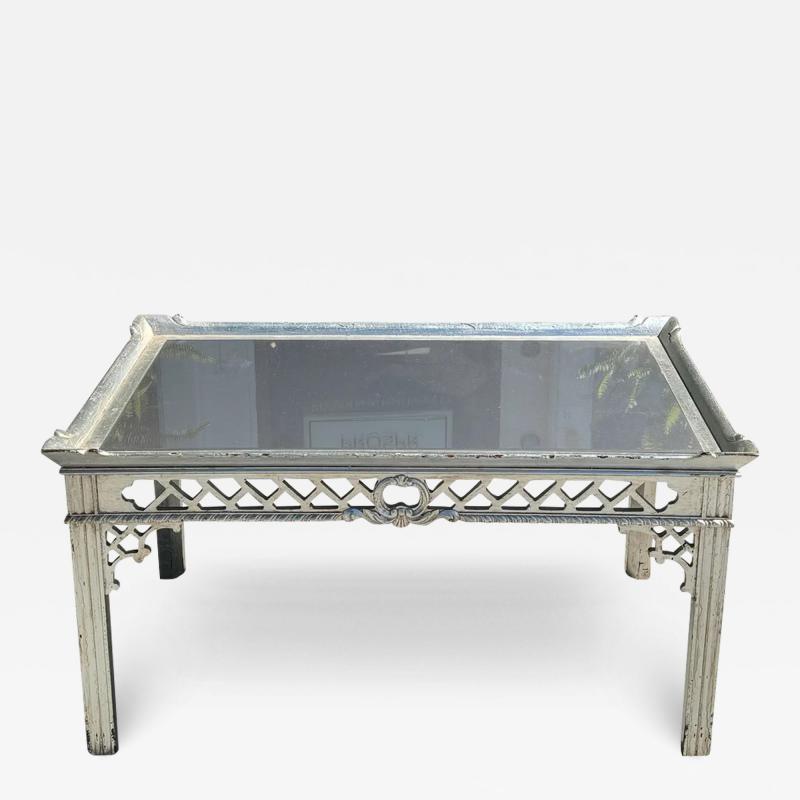 Antique Chinese Chippendale Silver Cocktail Table W Blue Mirror Top