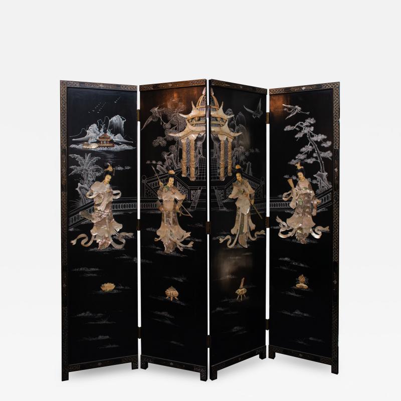 Antique Chinese Coromandel Black Lacquer Screen with White Mother of Pearl