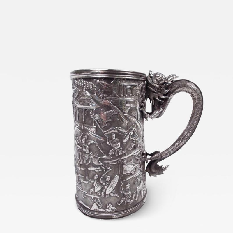 Antique Chinese Export Silver Battle Mug with Dragon Handle