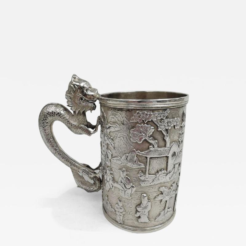 Antique Chinese Export Silver Mug with Dragon Handle