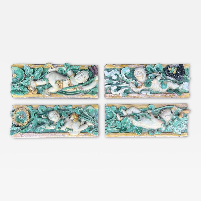 Antique Chinese Figural Architectural Tiles Set of 4