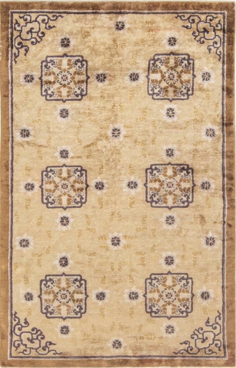 Antique Chinese Geometric Sandy Beige Camel Anthracite Handmade Silk Rug