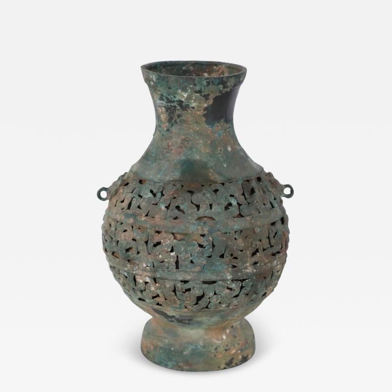 Antique Chinese Han Dynasty Style Patinated Bronze Pierced Urn