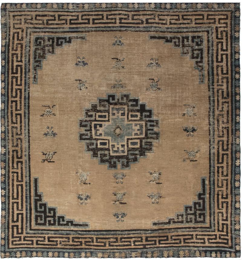 Antique Chinese Mongolian Beige Dark Brown and Teal Handwoven Wool Rug